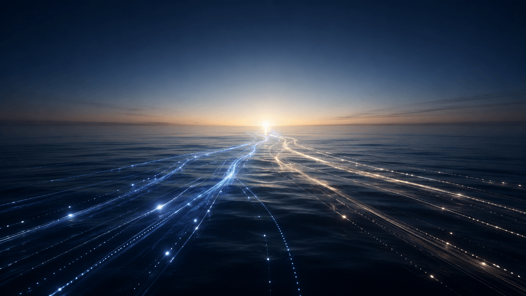 Light pathways converging across a dark ocean toward the horizon