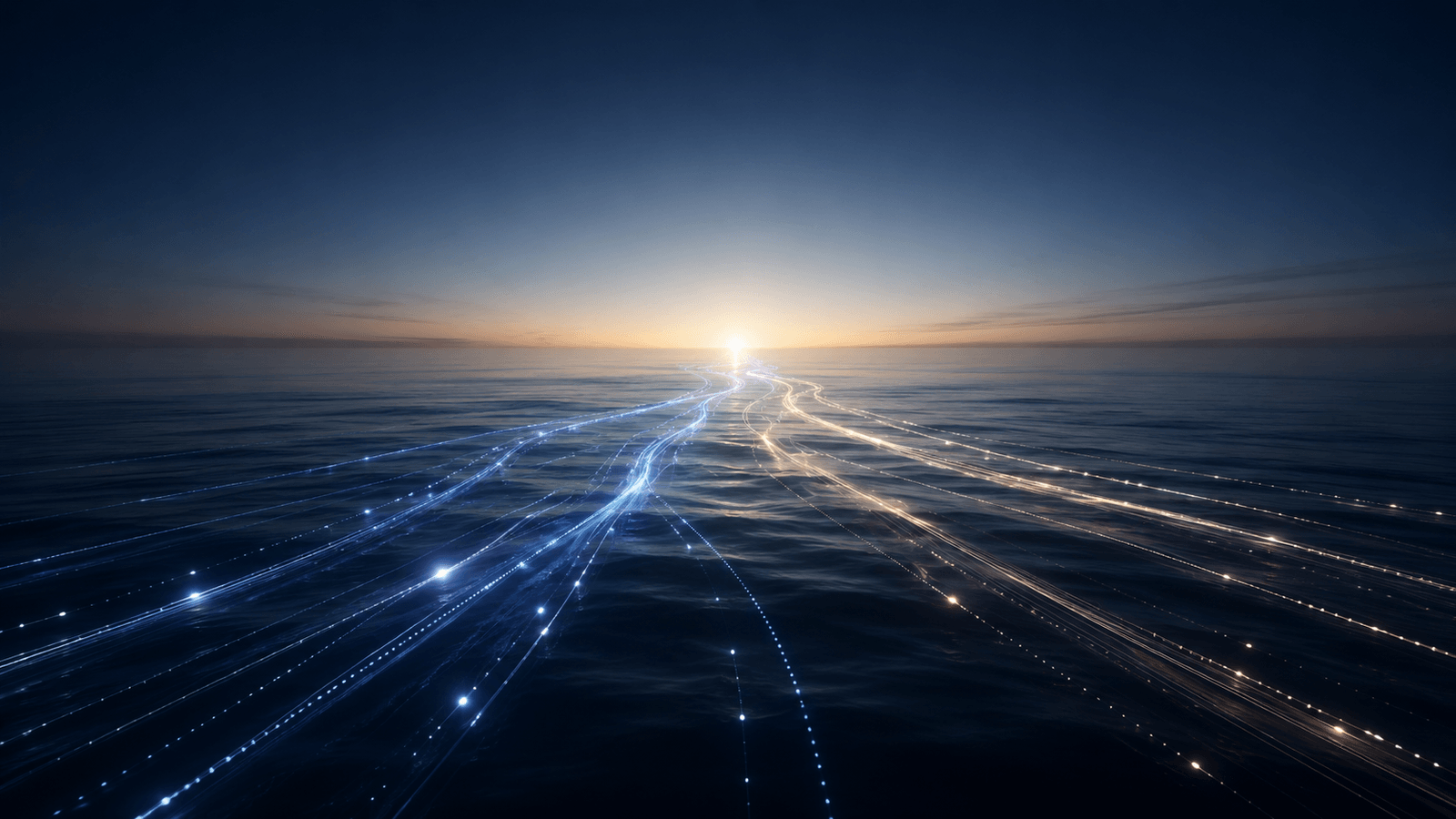 Light pathways converging across a dark ocean toward the horizon